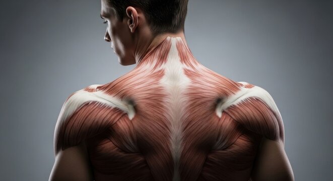 Detailed anatomical illustration of the human back muscles, showcasing the skeletal structure and musculature.