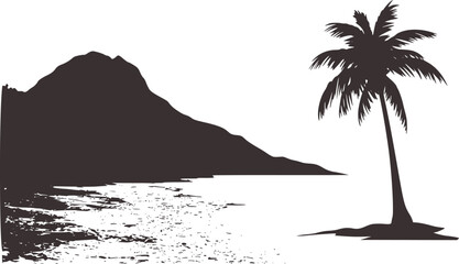 Dark Silhouette of Tropical Island Mountain Coastline with Palm Tree White Background © Mohammad