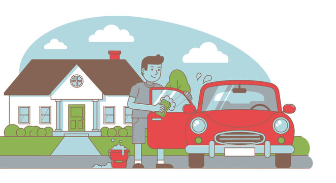 Man Washing Red Vintage Car.