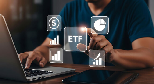 Investor analyzing stock market data and financial portfolio through digital ETF interface