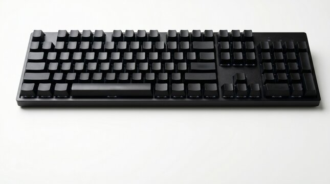 Close-up of a black mechanical keyboard on a white background