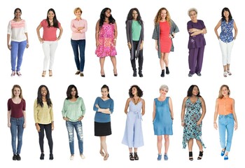 Fototapeta premium Diverse women standing together element set isolated on white
