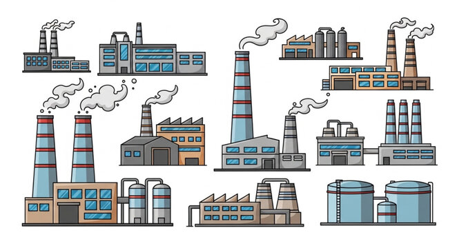 Collection of Industrial Factory Buildings with Smoke Stacks.