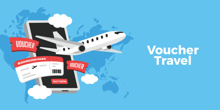 Travel airplane pop up from phone with voucher and boarding pass. Voucher vacation concept design for promotion.