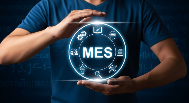Digital interface showing Manufacturing Execution System MES icons for industrial process management.