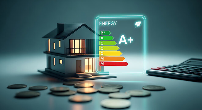 A small house model with energy efficiency rating and coins on a table, symbolizing eco-friendly home savings and sustainable living costs.