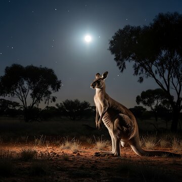 Kangaroo under the full moon standing.