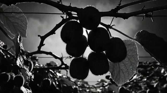 Black and white close-up of kiwi fruit hanging from a vine with bright sunlight shining through