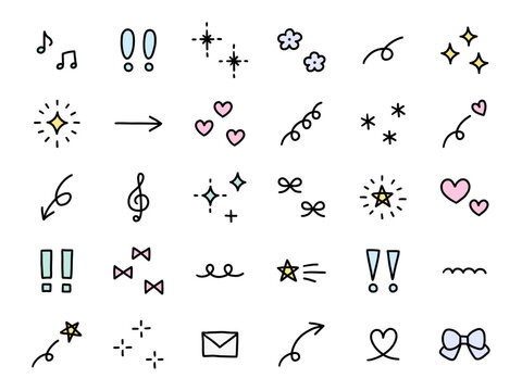 手書きの飾りイラストのベクターイラストセット。手描き、星、花、落書き、ハート、キラキラ