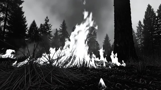 Forest floor fire ablaze with flames burning in monochrome landscape with silhouette trees and smoky atmosphere