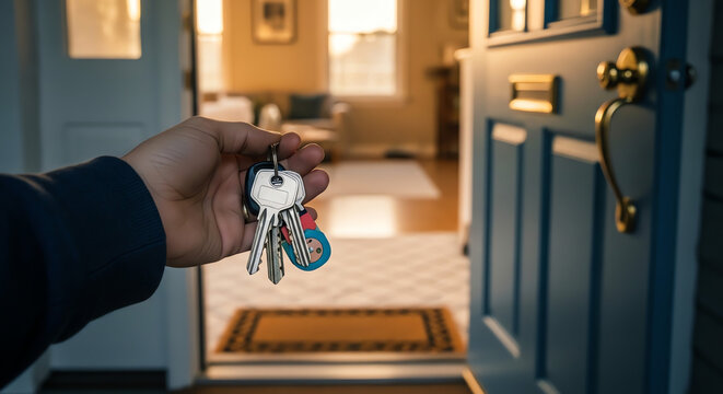 Person holding keys in hand standing at open doorway of a house interior