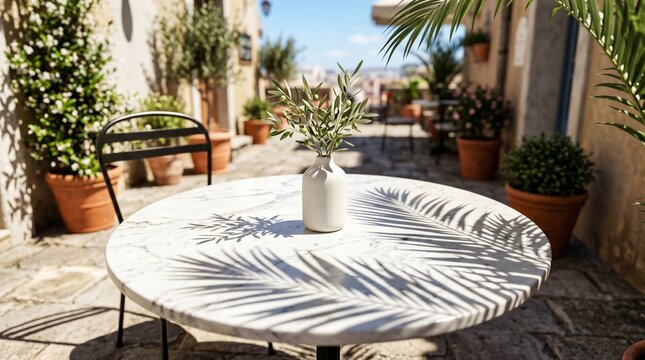 Tropical Monstera Shadows Casting on a Bright Marble Cafe Table