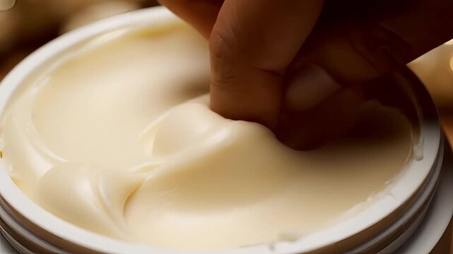 Close up of a finger dipping into a creamy substance in a jar.