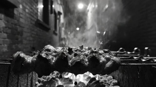 Black and white close up of grilling shish kabob over charcoal with sparks in the night