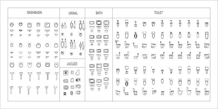 Bathroom Fixtures Set Wash Basin Bathtub Urinal Household Utility Collection Clean CAD Style Vector Illustration Isolated on White Background EPS 10