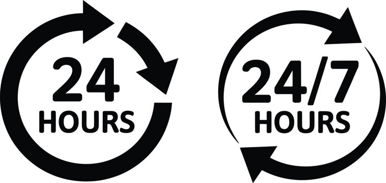 24 hour service icon set, clean vector illustrations of 24/7 customer support hotline and assistance symbols for business operations and service availability design.