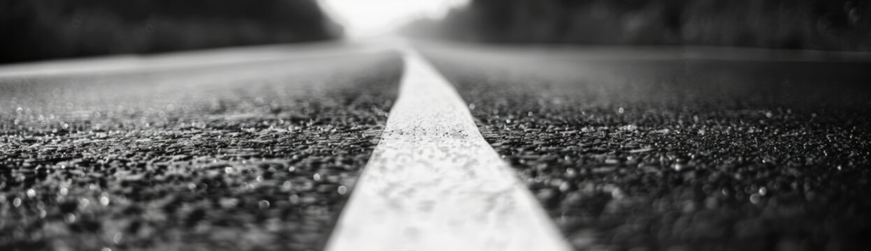 A white strip on the asphalt road, close up