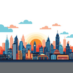 A colorful cityscape at sunset with modern buildings © PANGERANDESIGN