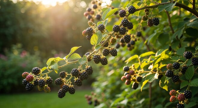 Sun Drenched Bounty A Beautiful Garden Scene with Rich Wild Blackberries under Golden Sunlight