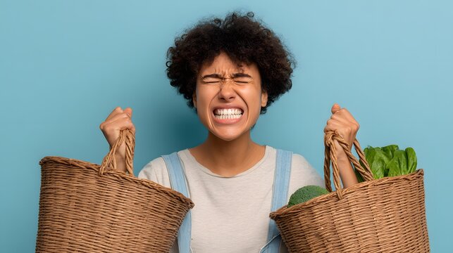 trying to carry too many grocery bags at once with exaggerated struggling pose