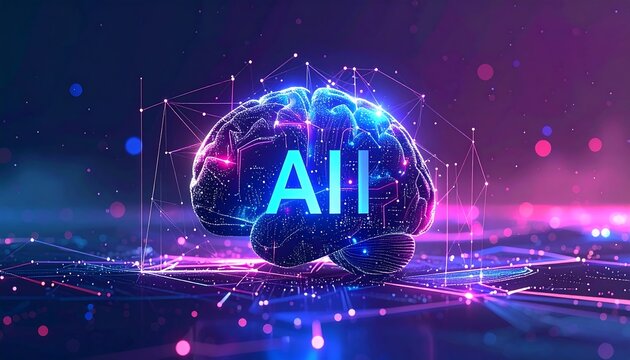 Glowing cerebral brain with AI text overlay on a grid, showcasing futuristic technology with pink and blue colors