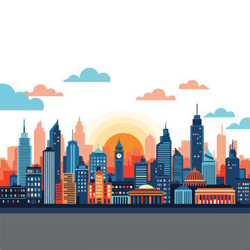 A colorful cityscape at sunset with modern buildings