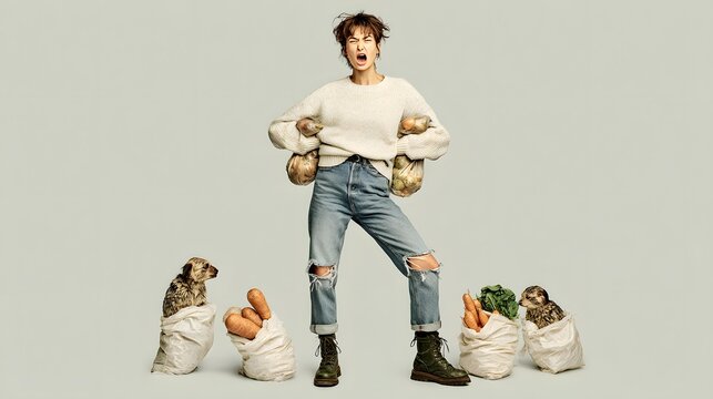 trying to carry too many grocery bags at once with exaggerated struggling pose