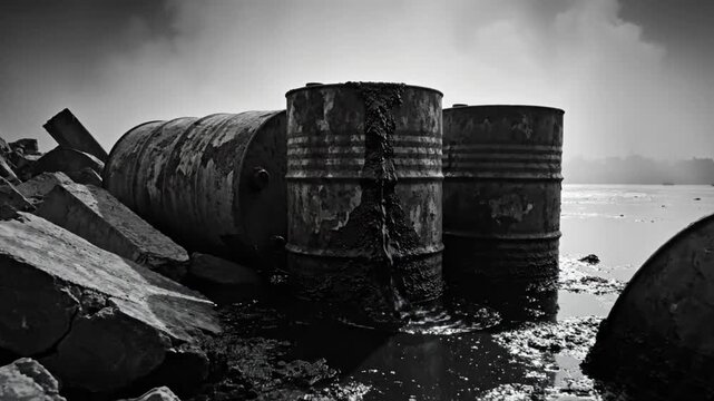 Black and white shot of discarded rusting barrels polluting a contaminated waterfront environment.