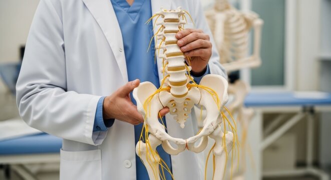 Medical professional holding a model of the human spine and pelvis for educational purposes.