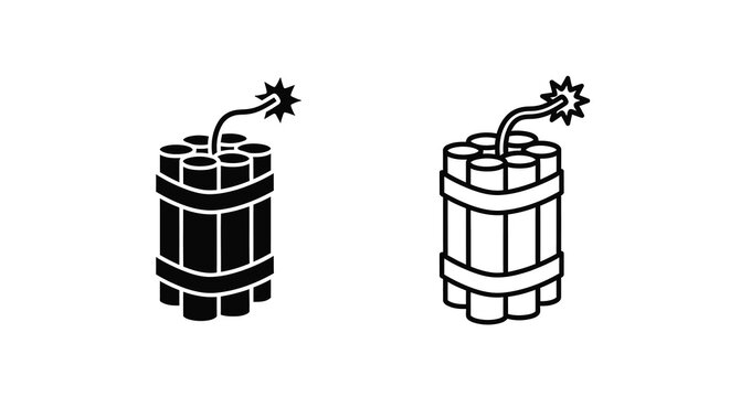 Two black and white depictions of dynamite sticks bound with twine and lit fuses
