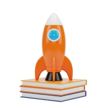 Orange cartoon rocket on colorful books stack