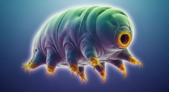 A microscopic view of a Tardigrade also known as a water bear in a blue background