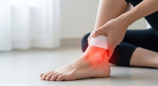 Person holding ankle with bandage, showing pain and inflammation, medical concept.