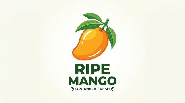 Ripe mango fruit with leaves and text food and drink food industry food logo