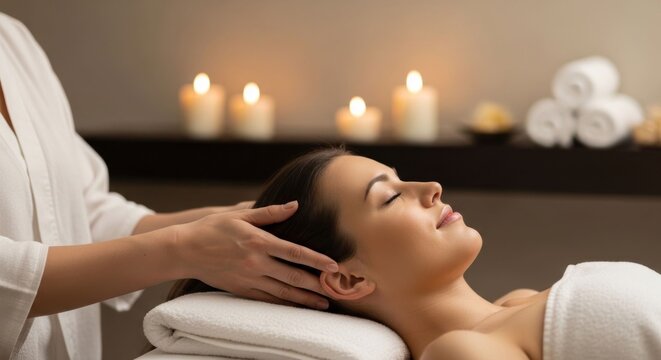 Relaxing Spa Treatment - A Woman Receiving a Soothing Head Massage with Candles.