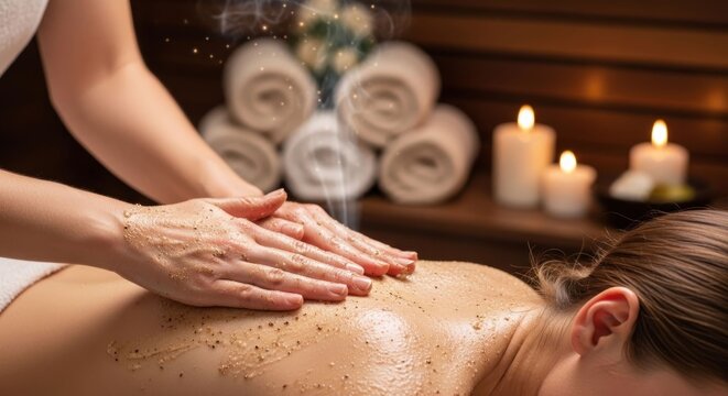 Relaxing spa treatment - A woman receiving a back massage with candles and towels.