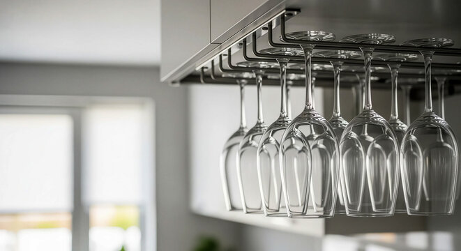 Wine glass hanging stemware symbolizing kitchen organization