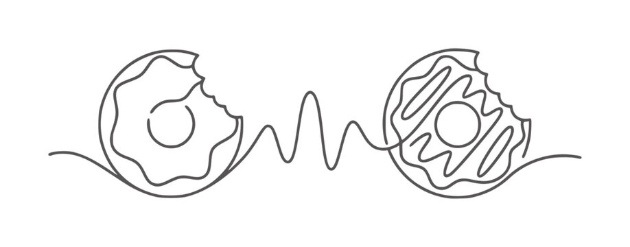 Two bitten donuts connected by a wavy line in continuous line style food sweet dessert