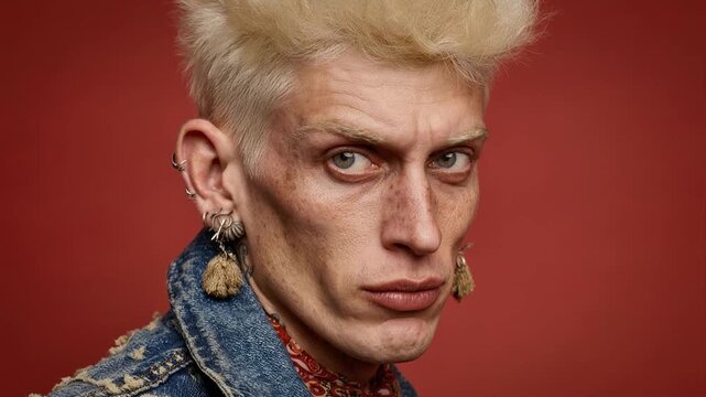 Close up portrait of punk man with bleached hair capturing strong gaze fashion identity and modern alternative style with vibrant background and detailed facial expression