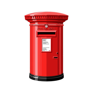 Red postal mailbox with slot and sign on front for sending letters