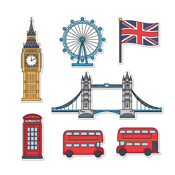 London city icons and landmarks in colorful flat design style