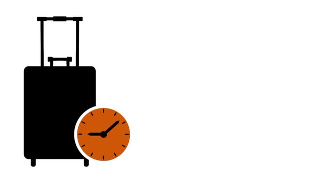Holiday time animation concept with black silhouette luggage and clock icon with copy space. Travel schedule symbol for modern design layout