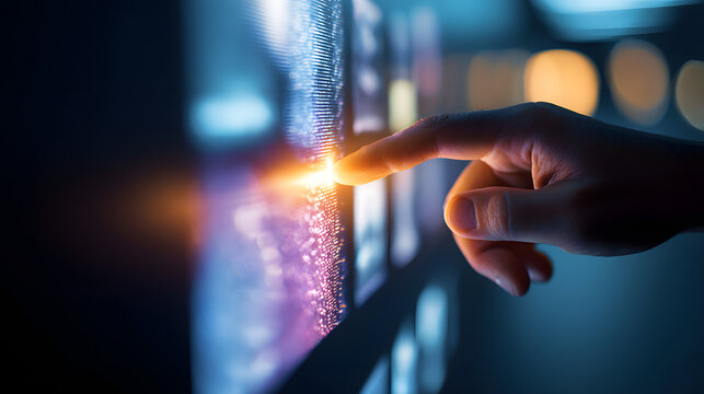 Finger touch glowing screen digital interface technology hand closeup