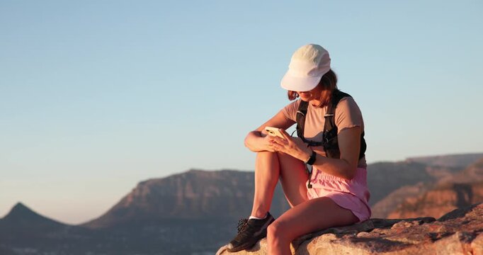 Woman, hiking and selfie with smile on mountain top for rest, space and web post in summer. Girl, sunglasses and photography on break, rocks or profile picture on social media with trekking on cliff