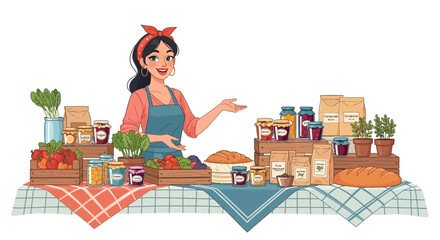 A cheerful fruit vendor character illustration stands behind a table laden with fresh produce and goods at a vibrant farmers market, depicted in a colorful vector design against a clean © suyadi
