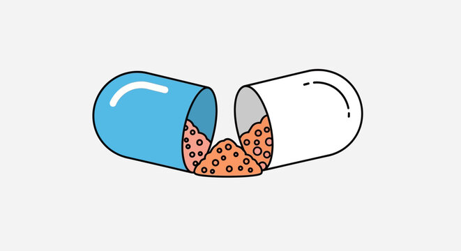 An open capsule with orange pills spilling out on a white background