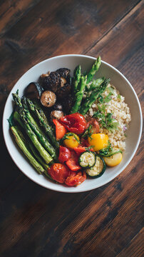 Grilled asparagus roasted cherry tomato sauteed mushroom zucchini slice quinoa rice fresh parsley vegan bowl healthy meal wooden tableA colorful