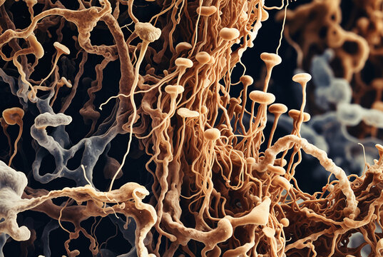 Generated artificial illustration of fungi in microscopic perspective.