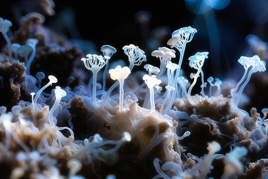 Generated artificial illustration of fungi in microscopic perspective.