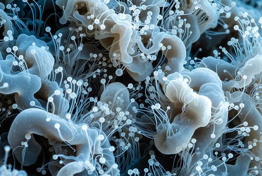 Generated artificial illustration of fungi in microscopic perspective.